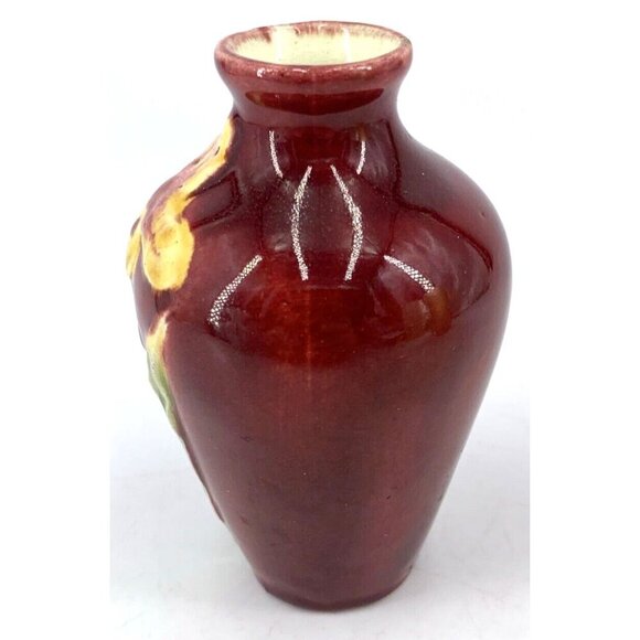 Majolica Pottery Vase Small Burgundy Flower Tulip Daffodil Motif 4" Vtg - Picture 6 of 8